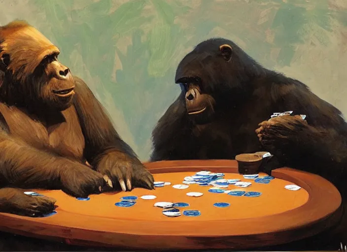 Image similar to gorrila with a bear, playing poker, bear!!, highly detailed beautiful, by gregory manchess, james gurney, james jean