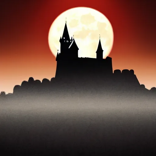 Prompt: silhouette of a castle on misty mountains, digital art, highly detailed, beautiful, calm, full moon