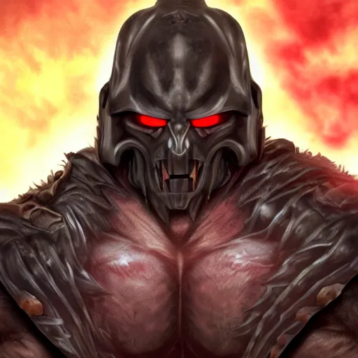 Prompt: a highly detailed character portrait of a muscular man wearing a epic shadow armor with glowing red eyes