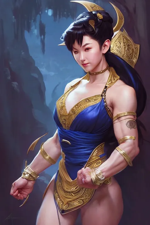 Image similar to beautiful chun li, full body shot, d & d, fantasy, intricate, elegant, highly detailed, digital painting, artstation, concept art, matte, sharp focus, illustration, hearthstone, art by artgerm and greg rutkowski and alphonse mucha