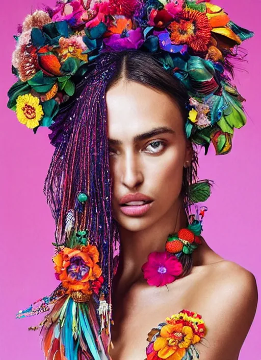 Prompt: beautiful portrait of Irina Shayk wearing fantastic Hand-dyed cotton dress, embellished beaded feather decorative fringe knots ,colorful pigtail,subtropical flowers and plants,summer,dramatic lighting,symmetrical face,intricate,elegant,highly detailed,8k,post-processing,digital painting,trending on pinterest, GUCCI,PRADA,concept art, sharp focus, illustration, by artgerm,Tom Bagshaw,Lawrence Alma-Tadema,greg rutkowski,alphonse Mucha