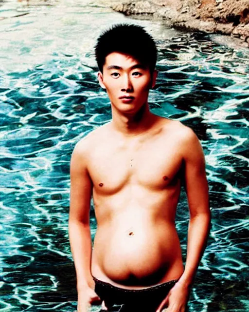 Prompt: “Handsome young Chinese man in his 20s with a big pregnant belly going swimming, photographed by Annie Leibovitz”
