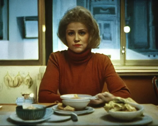 Image similar to 1 9 7 9 a soviet movie still a russian woman sitting at a table with a plate of food in dark warm light, a character portrait by nadya rusheva, featured on cg society, neo - fauvism, movie still, 8 k, fauvism, cinestill, bokeh, gelios lens