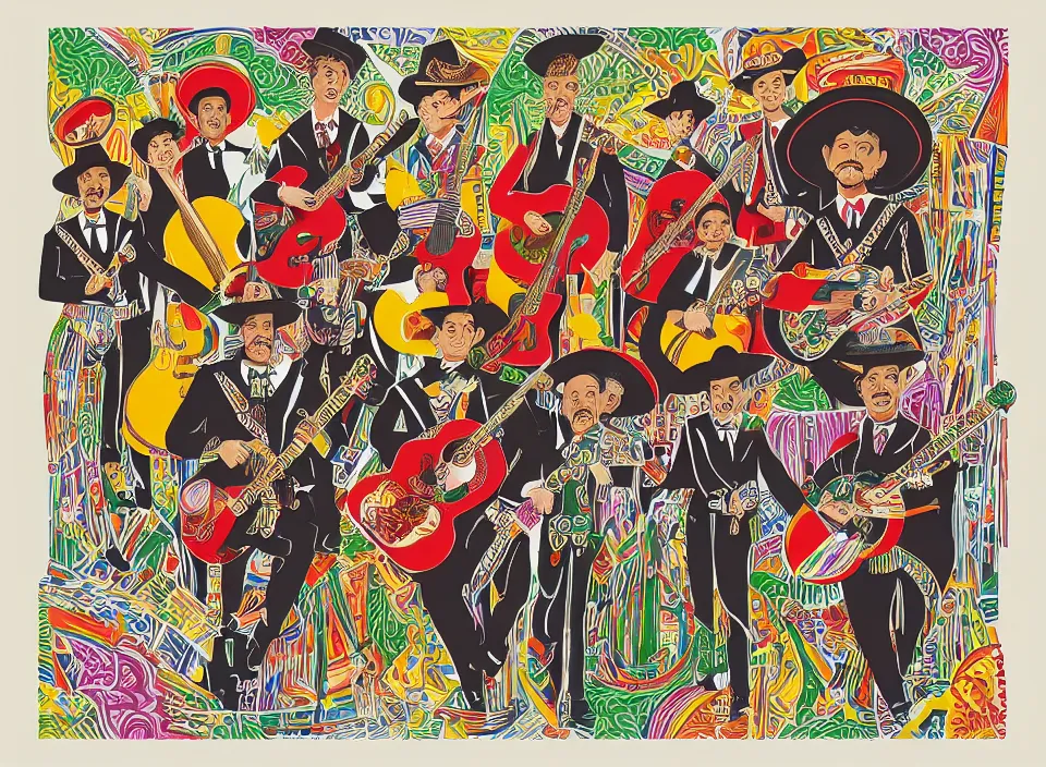 Prompt: graphic design of a mexican mariachi band by milton glaser and lilian roxon, detailed