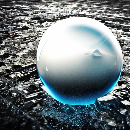 Prompt: ultra realist octane render of a floating transparent glass sphere filled with a dark storm clouds scene, reflection and refraction, symmetry accurate features, very intricate details, artstation
