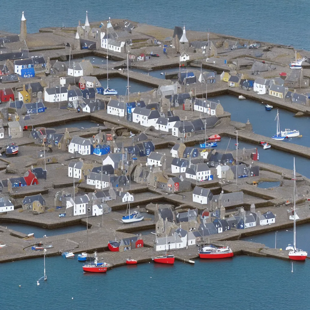 Prompt: a tilt-shift photograph of the harbour at Stromness orkney, polaroid