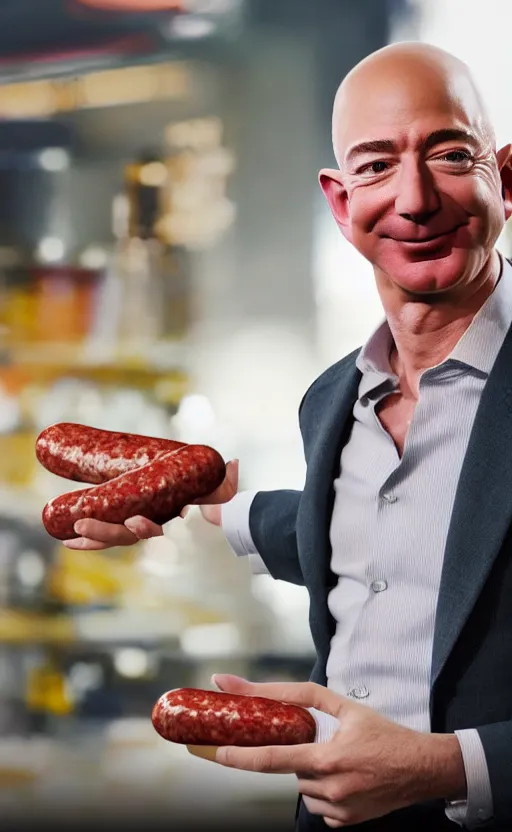 Prompt: Portrait of Jeff Bezos selling a new type of sausage, splash art, movie still, cinematic lighting, dramatic, octane render, long lens, shallow depth of field, bokeh, anamorphic lens flare, 8k, hyper detailed, 35mm film grain