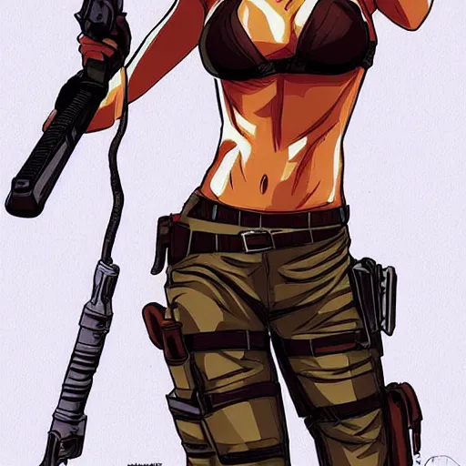 Image similar to “A high quality, full body, anime illustration of Lara Croft, from Tomb Raider Legend, created by Keiichi Arawi”