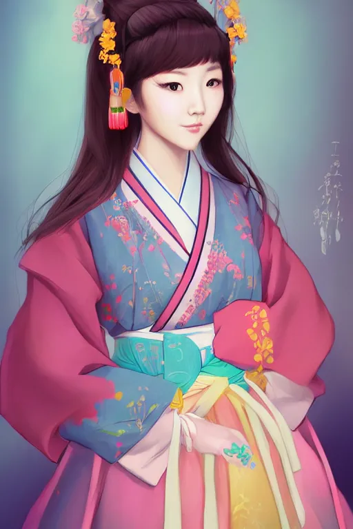 Image similar to pretty korean woman wearing beatiful hanbok, face by artgerm, bright pastel colors, studio ghibli painterly style, trending on artstation, tarot card