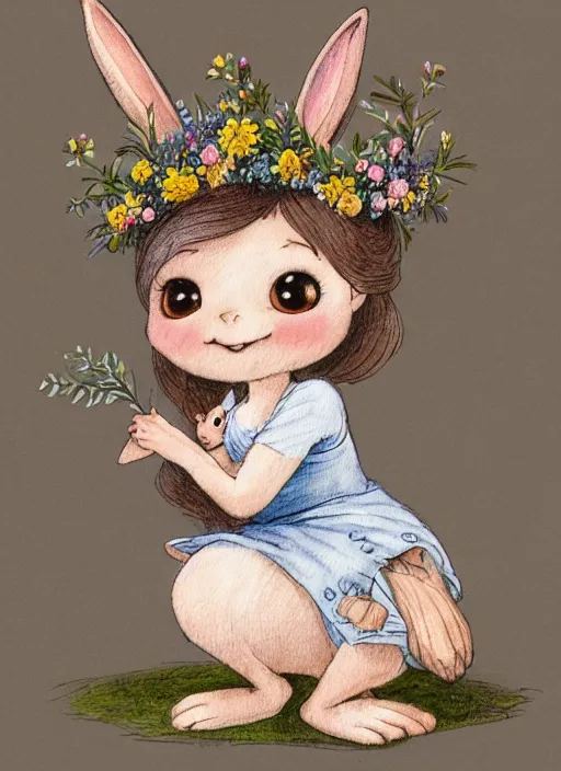 Prompt: a storybook illustration painting of a smiling happy cute rabbit wearing a flower crown on its head, by antoine de saint - exupery and annabel kidston and naomi okubo and jean - baptiste monge. a child storybook illustration, muted colors, soft colors, low saturation, fine lines, white paper