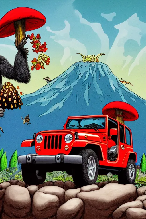 Image similar to gorilla driving a jeep holding a amanita muscaria, sunshine, by alba ballesta gonzalez and moebius. 4 k wallpaper, digital flat 2 d, japan animation, comic book, illustration, cinematic lighting, smooth sharp focus.