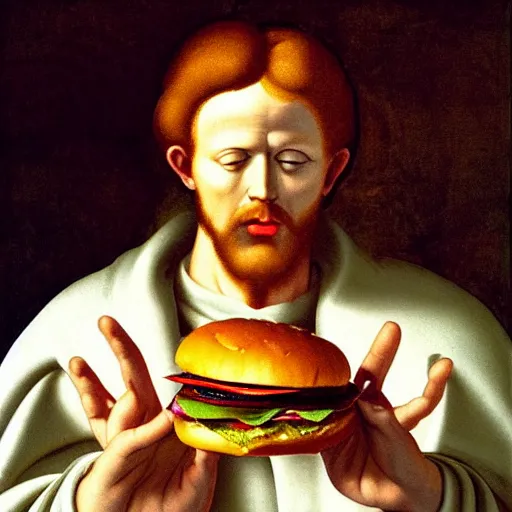 Prompt: portrait of god eating hamburgers, ethereal, handsome, fresco, art by michelangelo, d & d, fantasy, intricate, elegant, highly detailed