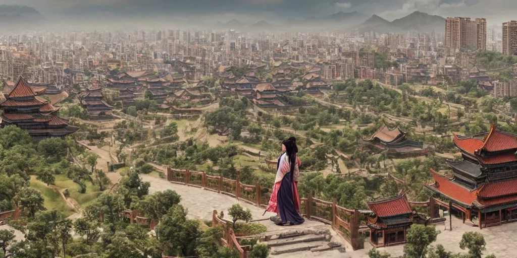 Image similar to overlooking the ancient chinese chang'an city, bauhinia city, movie scenes, epic composition, very detailed