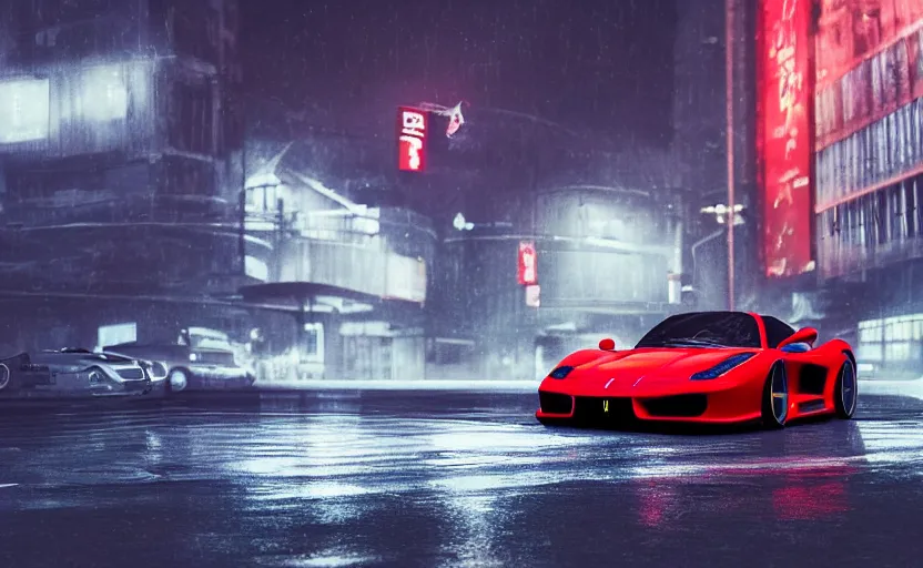 Image similar to a red Ferrari F50 in the streets at night whit cyan headlights on, by Khyzyl Saleem, night time, heavy storm, atmospheric, artstaion, concept art, illustration, sharp focus, high detail, octane render, cyberpunk, intimidating