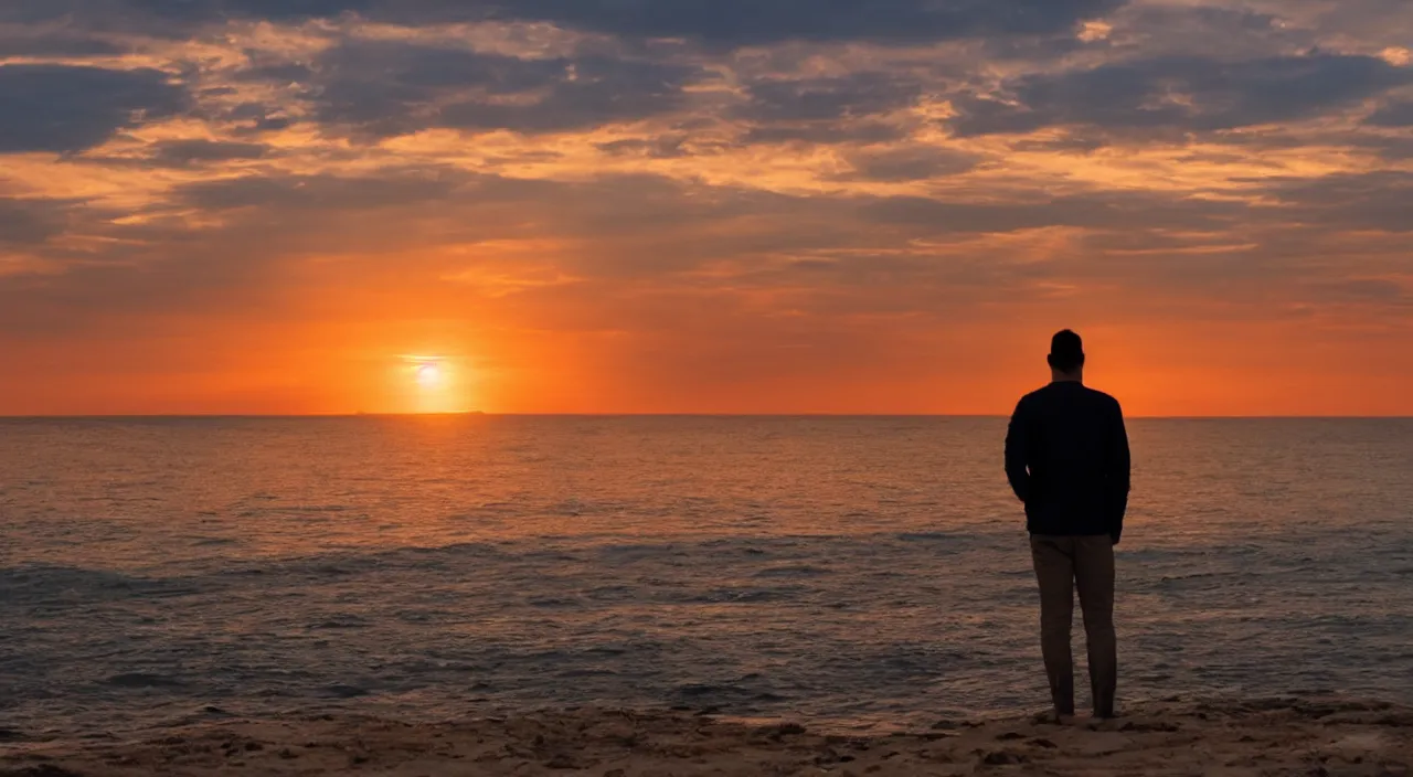 Prompt: a man thinking while looking at the horizon on a sunset