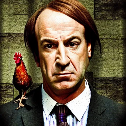 Image similar to saul goodman and a rooster in a medieval torture chamber, scary torture devices in the background, horror movie, saul goodman, rooster, real life photo, detailed face