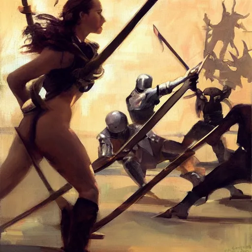 Prompt: greg manchess portrait painting of people stripping over a pile of swords in an arena, medium shot, asymmetrical, profile picture, organic painting, sunny day, matte painting, bold shapes, hard edges, street art, trending on artstation, by huang guangjian, gil elvgren, ruan jia, randy vargas, greg rutkowski