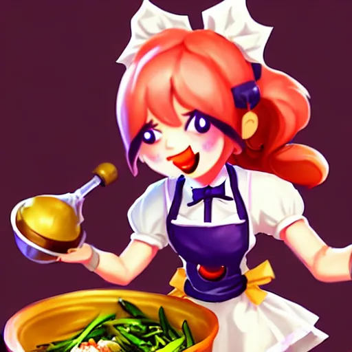 Prompt: a cute anthropomorphic maid preparing dinner in the kitchen. league of legends splash art