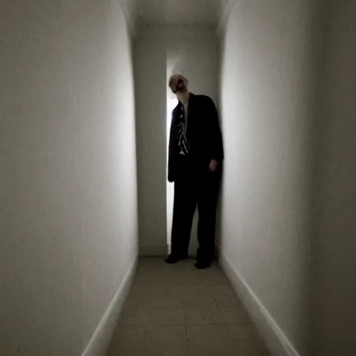 Image similar to tall man standing in the corner of a dark room smiling, creepy