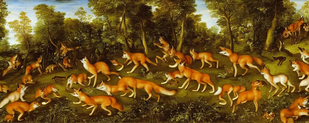 Image similar to A group of foxes and wolves running through the forest, masterwork painting by Jan Brueghel the Elder