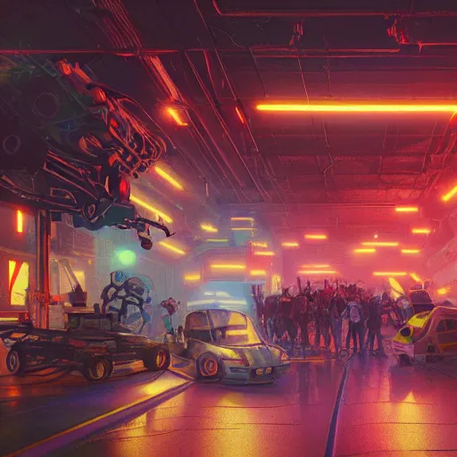 Prompt: interior shot, ready player one, teenager hangout spot, scifi robot repair workshop, robot skeleton, neon lights, james gurney, katsuhiro otomo, james paick, cinematic lighting, artstation, vibrant nature, anime style, Craig Mullins, Greg Rutkowski, Pete Morbacher, Tuomas Korpi, tekkon kinreet, volumetric light, artstation, , octane render, redshift render, low angle camera