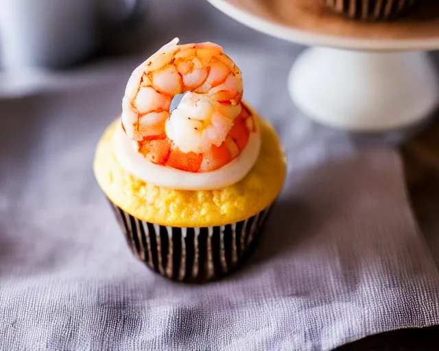 Image similar to dslr food photograph of a cupcake with a shrimp on top, 8 5 mm f 1. 4