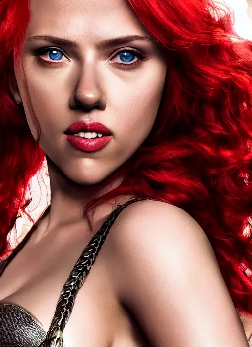 Image similar to scarlett johansson portraying a beautiful red sonja, beautiful scarlett johansson red sonja, movie, hyper realistic, hollywood promotional image, imax, 8 k