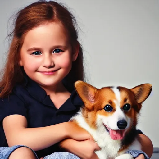 Prompt: little girl holding a corgi puppy photorealistic hd