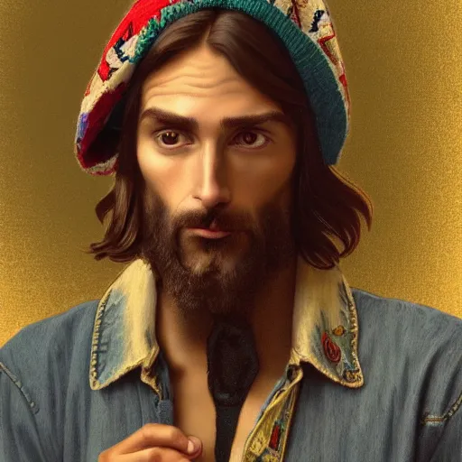 Prompt: an extremely detailed full body portrait of a ridiculously good looking jesus that looks like a hipster drinking espresso from a tiny cup, ultrawide lens, wearing a jean jacket with a nirvana jacket and a beenie, carrying a skateboard shaped like a crucifix, waxed beard, very detailed, beautiful, intricate, alphonse mucha, greg rutkowski, octane render
