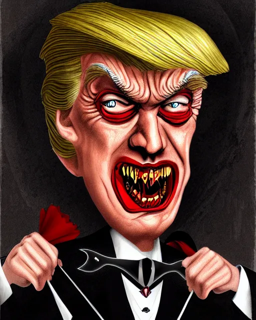 Image similar to dracula donald trump, character portrait, close up, concept art, intricate details, highly detailed in the style of otto dix