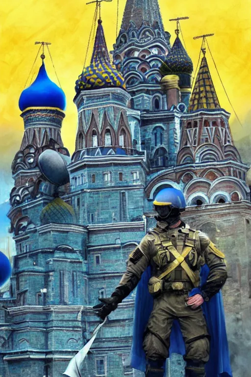 Image similar to special forces soldier raising ukrainian blue and yellow flag, kremlin st. basil cathedral in the background, masculine figure, d & d, fantasy, bright atmosphere, volumetric lights, intricate, elegant, extremely detailed, digital painting, artstation, concept art, matte, smooth, sharp focus, hyper realistic, illustration, art by artgerm and greg rutkowski and alphonse mucha