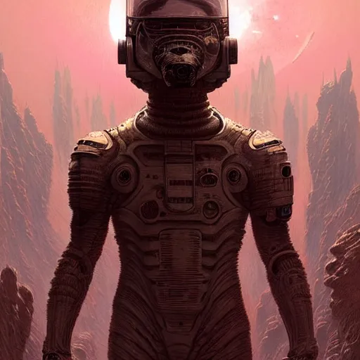 Image similar to astronaut exploring a strange surface of another planet, astronat sees signs of ancient civilization, ultra high definition, ultra detailed, symmetry, sci - fi, dark fantasy, in style of heavy metal comic, dark and horror style, metal by greg rutkowski and wayne barlowe