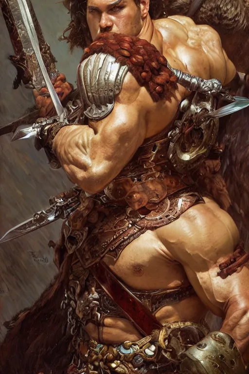 Image similar to closeup portrait of muscular male barbarian, intricate details, large sword, by Stanley Artgerm Lau, by greg rutkowski, by thomas kindkade, by alphonse mucha, loish, by norman rockwell J.