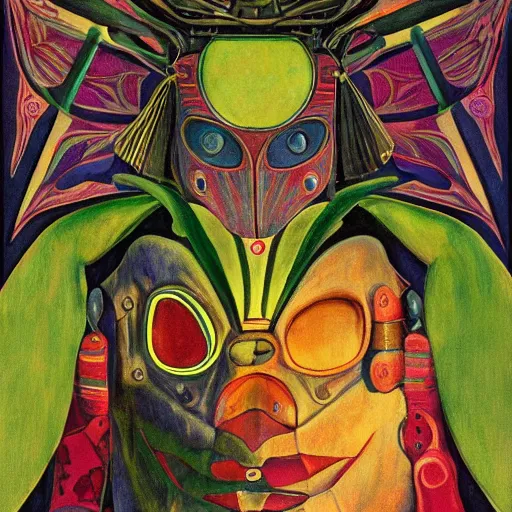 Image similar to robot wearing a luna moth mask, by annie swynnerton and leo and diane dillon and adolf wolfli and ( diego rivera ), elaborate costume, little glowing lights, rich color, dramatic cinematic lighting, smooth, sharp focus, extremely detailed