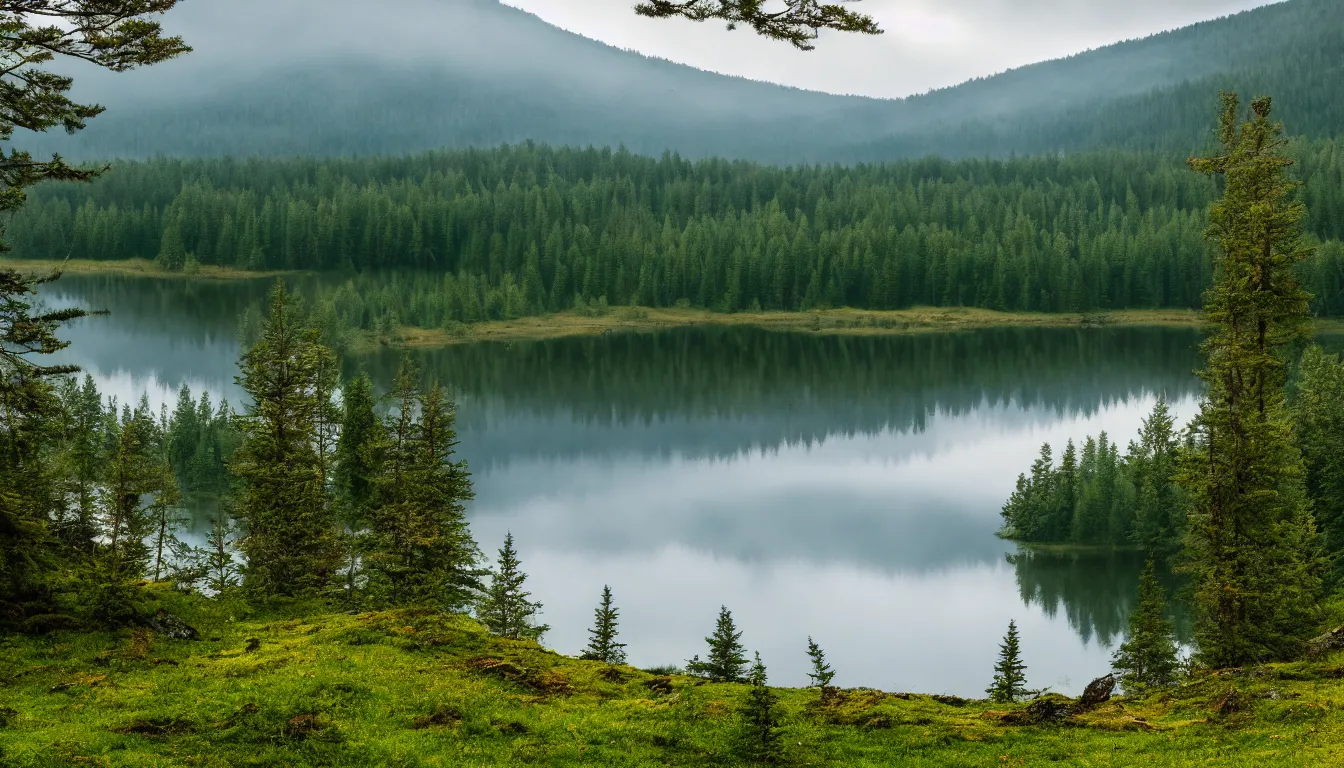 Image similar to eastern european, small lake view from highland, leave less old forest, national park, nature, atmospheric, ambient vibe, very detailed, high resolution, 8 k