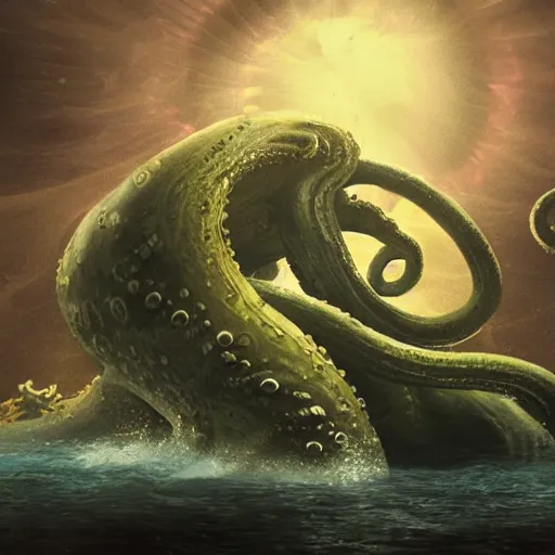 Prompt: a giant tentacle beast, grappeling a woman under water