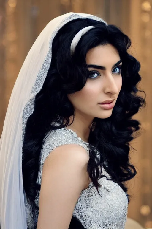 Image similar to Ameera al-Taweel, blue eyes, long wavy black hair, fierce look, white veil, closeup, focus face