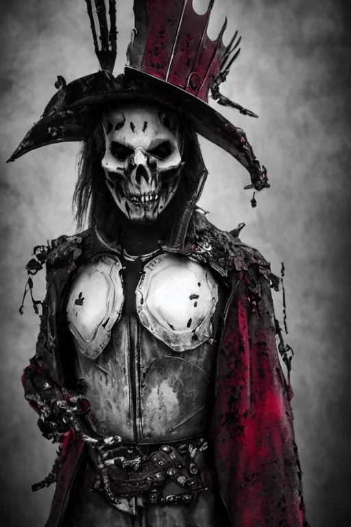 Image similar to the ghost - spirit of the grim - hatter wears the scarlet skull armor and blood crown, midnight fog - mist!, cinematic lighting, various refining methods, micro macro autofocus, ultra definition, award winning photo