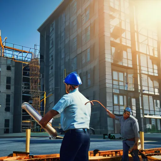 Prompt: Award-winning photograph of an office worker arguing with a construction worker about pipes with an apartment complex on the background, god rays, cinematic, 8k, Unreal Engine render