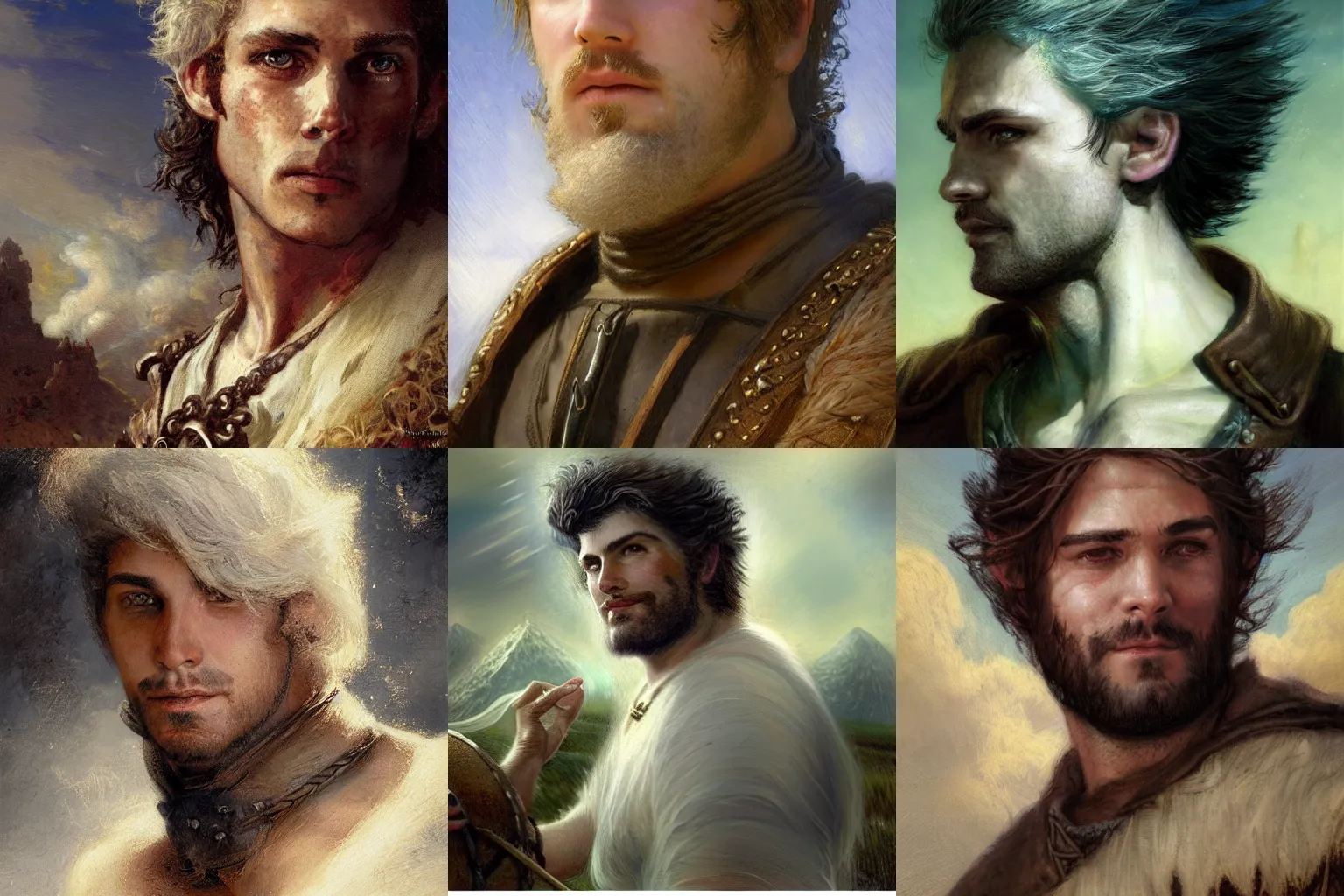 Prompt: an awkward young medieval farmer man with cumulus tattoos, cloud-like white hair, clean shaven, beardless, fantasy character portrait by Gaston Bussiere, Craig Mullins