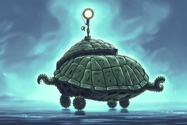 Image similar to cell shaded cartoon of a giant lovecraftian mechanized turtle from howl's moving castle ( 2 0 0 4 ), on an icy road in the mist, full body, wide shot, very muted colors, post grunge, studio ghibli, highly detailed, deviantart, art by artgem