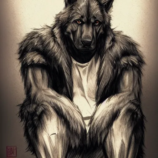 Image similar to a humanoid german shepherd beast - man, sitting on a couch and puts on jeans, artstation, concept art, smooth, sharp foccus ilustration, artstation