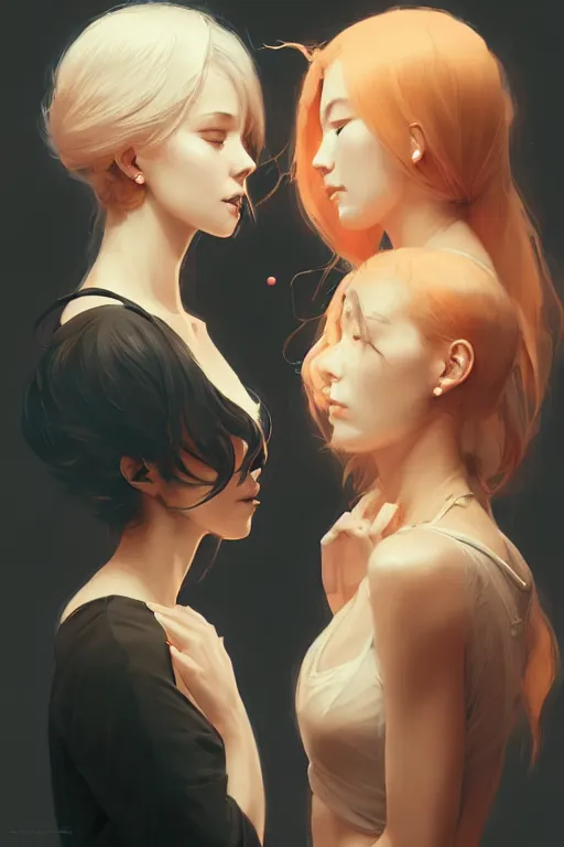 Image similar to portrait of two wise and very beautiful women discussing some texts, art by guweiz, intricate, elegant, highly detailed, smooth, sharp focus, artstation