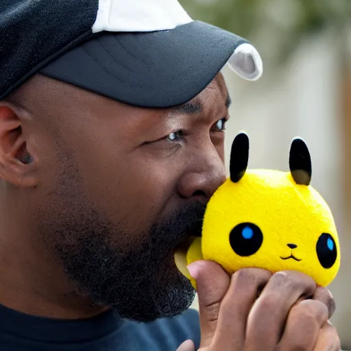 Image similar to a bald black man with a pikachu hat, close up