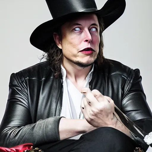 Prompt: photo of elon musk in the shape of a musketeer, he has a big black hat and holds a shiny rapier sword