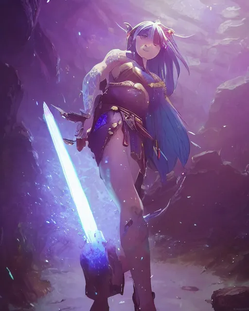 Image similar to a female warrior holding one single blue glowing sword walking in a cake full of purple glowing crystals. Atmospheric lighting, adventurous, elven. By Makoto Shinkai, Stanley Artgerm Lau, WLOP, Rossdraws, James Jean, Andrei Riabovitchev, Marc Simonetti, krenz cushart, Sakimichan, trending on ArtStation, digital art.