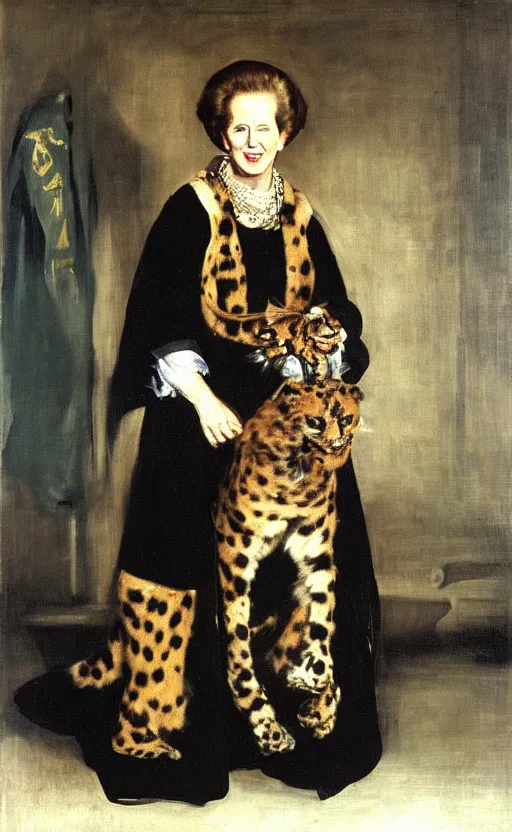 Prompt: an oil portrait of margaret thatcher in ceremonial robe holding a chained distressed serval, high quality, artstation, higly detailed, art by velaquez rubens and francisco goya, dark lighting