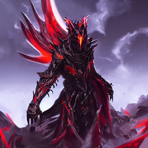 Image similar to dark fantasy concept of a vampire dragon god, with dark matter and molten armor on a mountain, cinematic, dynamic lighting, photorealistic, ultra detailed, trending on art station, stunning visuals, creative, hyper detailed