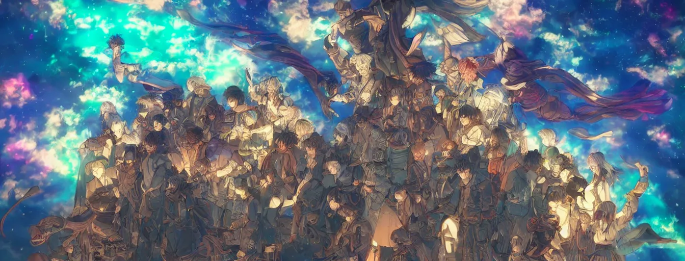 Image similar to souls flying up in a beautiful color night sky. hyperrealistic anime background illustration by kim jung gi, colorful, extremely detailed intricate linework, smooth, super sharp focus, bright colors, high contrast, matte, octopath traveler, unreal engine 5 highly rendered, global illumination, radiant light