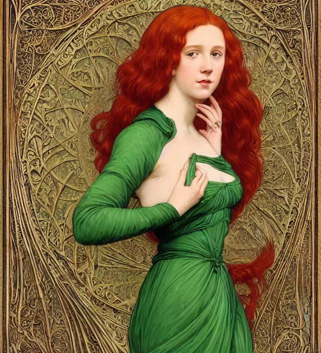 Prompt: intricate art nouveau portrait oil painting of redheaded young millie bobby brown with long red hair blowing in the wind, wearing an intricate green lace dress, in front of an carved wood screen, elegant, digital painting, smooth, sharp focus, illustration, ultra realistic, 8 k, by bouguereau, alphonse mucha, artgerm, and donato giancola